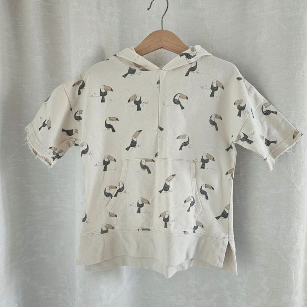 Rylee + Cru Toucan Print Short Sleeve Hooded Swim Cover Up Cream Size 2-3Y